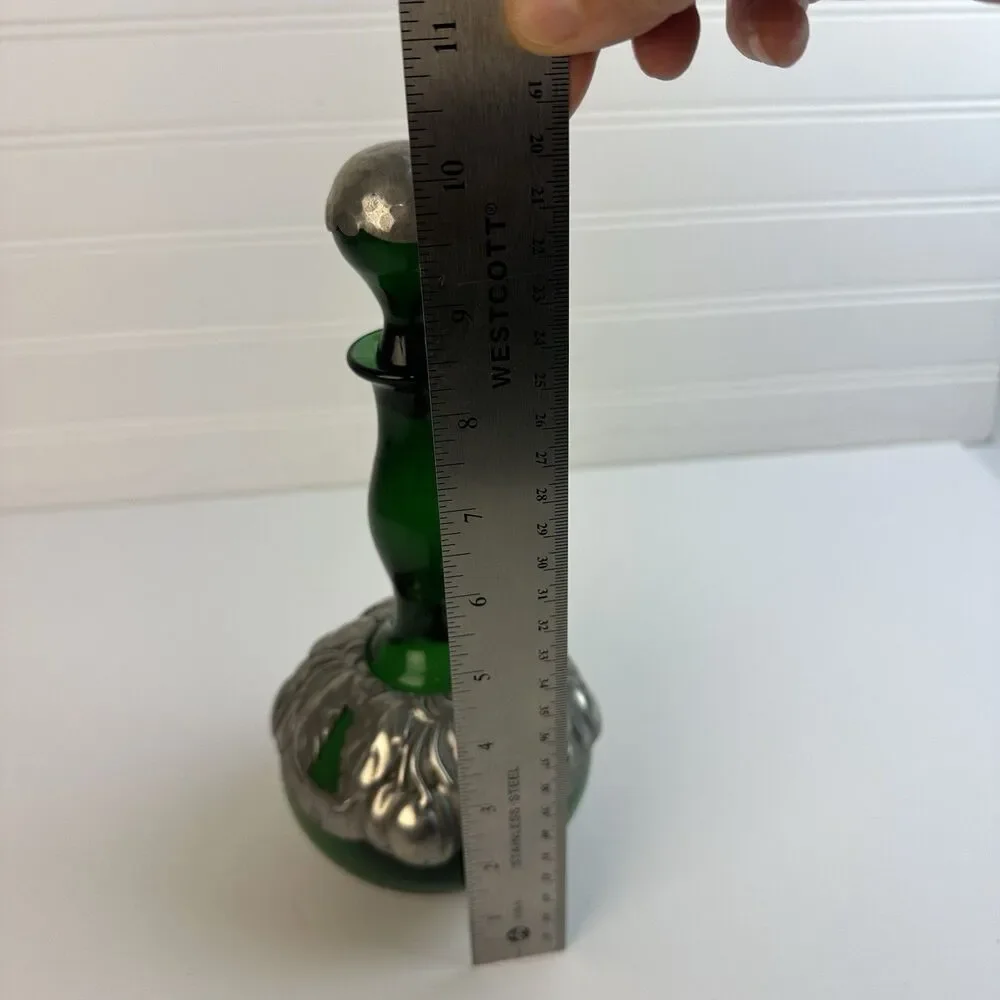 Green Genie Bottle Decanter 2 Glasses Pewter Cherry Overlay MCM Barware Vintage